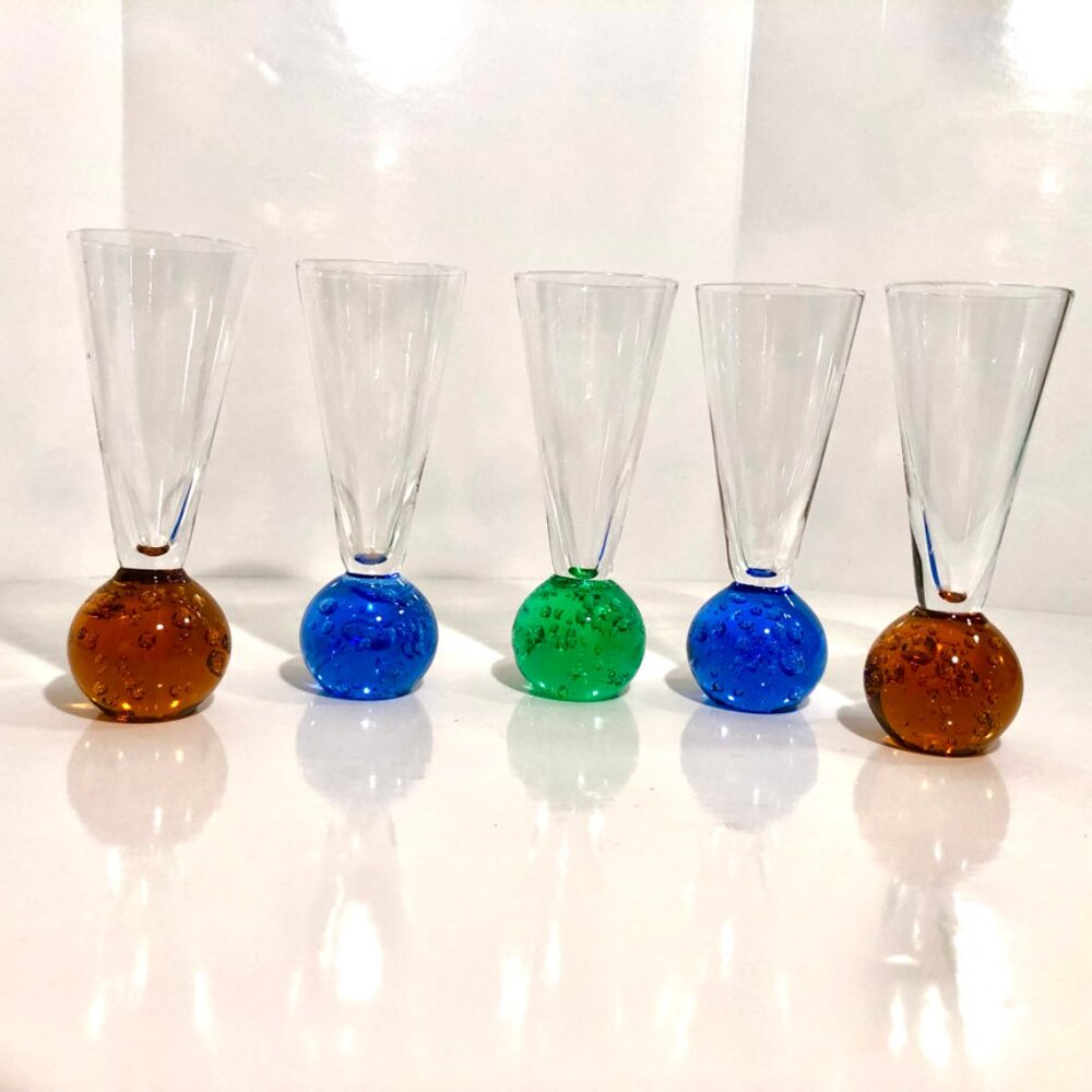 4 Bubble Ball Bottom Shot Glasses. (*Green glass no longer available.)